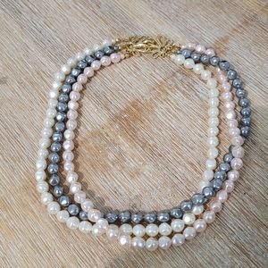 Avon vintage 3 strand pearl necklace gold tone ornate clasp. Pink silver white